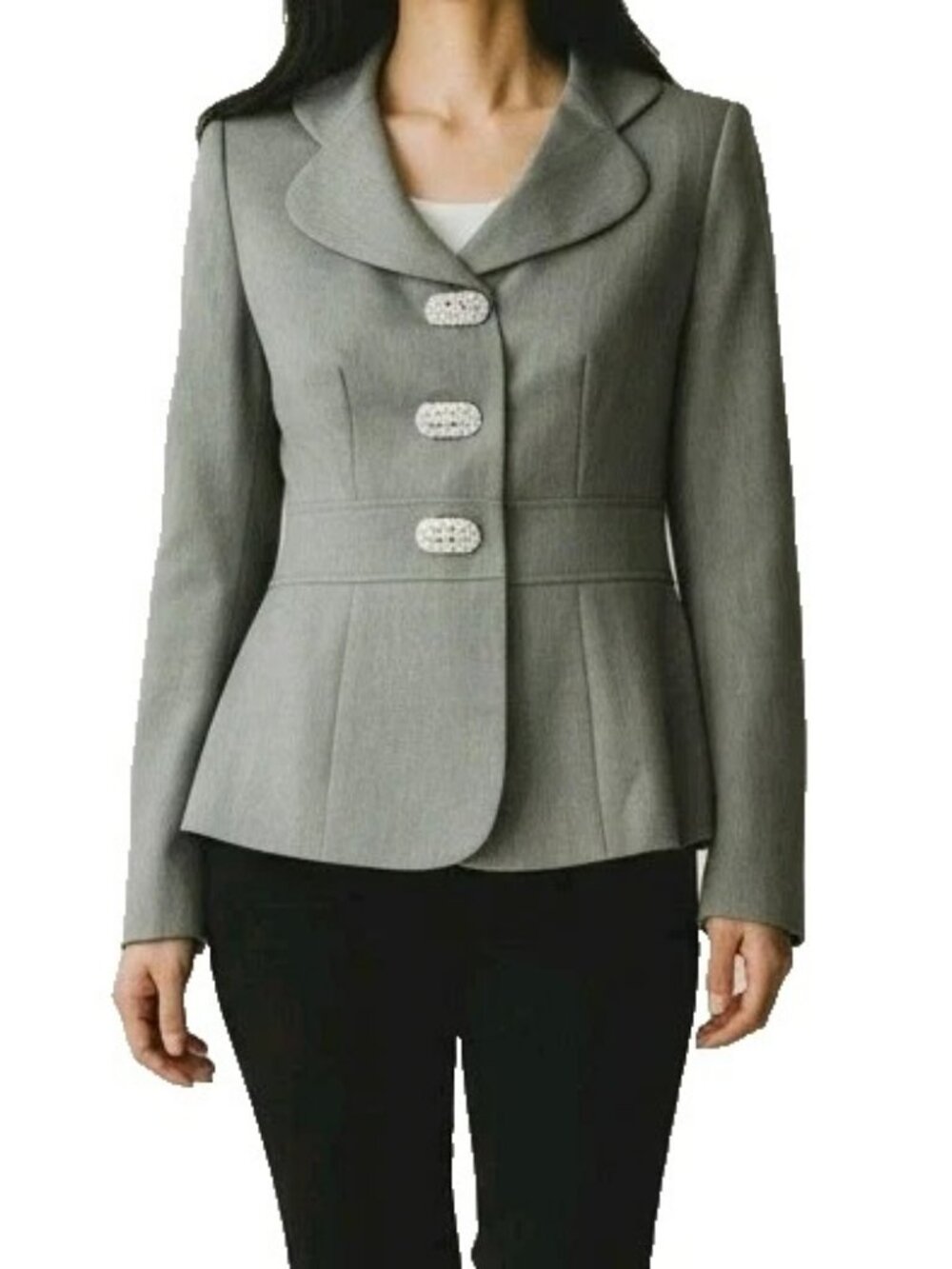 Kasper Blazer Size 6 Gray Large Rhinestone Buttons Scalloped Collar Lined